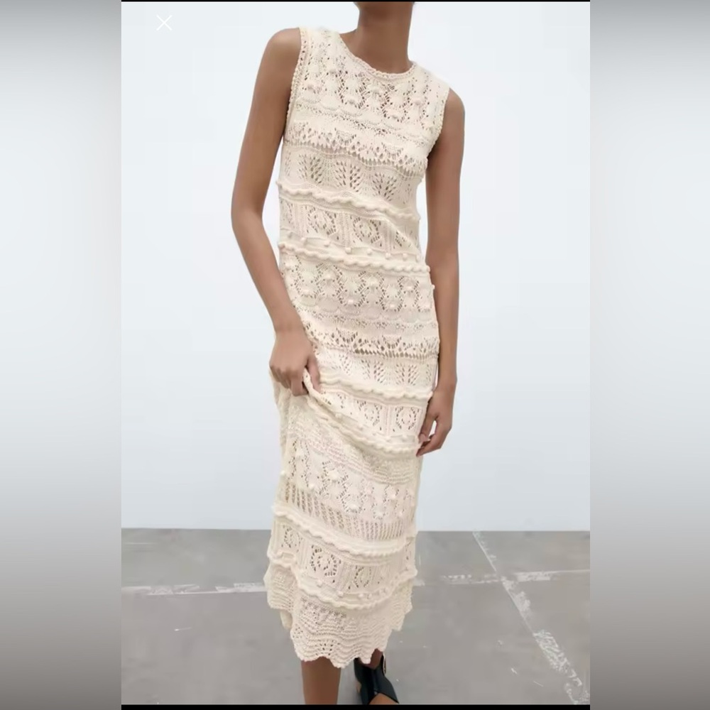 Zara Cream Crochet Dress with Removable Slip Size S
